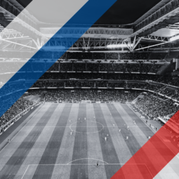 Voyage 2 nuits avec match Real Madrid contre Atletico Madrid au Santiago Bernabéu, logo Real Madrid en haut à gauche, couleurs Atletico Madrid en bas à droite.