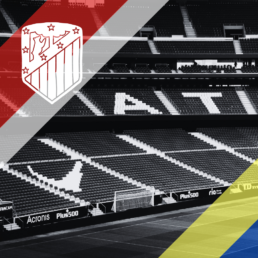 Voyage 2 nuits avec match Atlético Madrid contre Las Palmas au Wanda Metropolitano, logo Atlético Madrid en haut à gauche, couleurs Las Palmas en bas à droite.