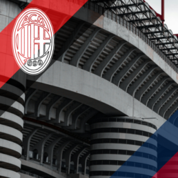 Voyage 2 nuits avec match Milan AC contre Cagliari au stade San Siro, logo Milan AC en haut à gauche, couleurs Cagliari en bas à droite.