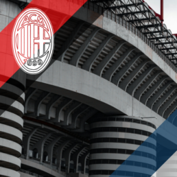 Voyage 2 nuits avec match Milan AC contre Côme au stade San Siro, logo Milan AC en haut à gauche, couleurs Côme en bas à droite.