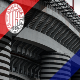 Voyage 2 nuits avec match Milan AC contre Inter Milan au stade San Siro, logo Milan AC en haut à gauche, couleurs Inter Milan en bas à droite.