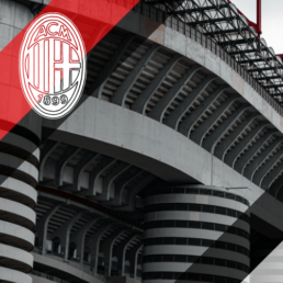 Voyage 2 nuits avec match Milan AC contre Juventus Turin au stade San Siro, logo Milan AC en haut à gauche, couleurs Juventus Turin en bas à droite.