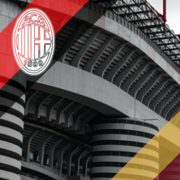 Voyage 2 nuits avec match Milan AC contre AS Rome au stade San Siro, logo Milan AC en haut à gauche, couleurs AS Rome en bas à droite.