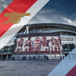 Voyage 2 nuits avec match Arsenal contre Aston Villa à l'Emirates Stadium, logo Arsenal en haut à gauche, couleurs Aston Villa en bas à droite.