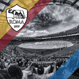 Voyage 2 nuits avec match AS Rome contre Bergame au Stadio Olimpico, logo AS Rome en haut à gauche, couleurs atalanta Bergame en bas à droite.