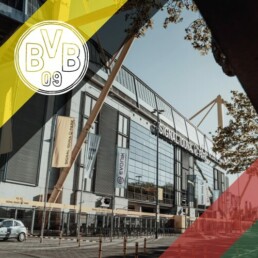 Voyage 2 nuits avec match Borussia Dortmund contre Augsburg au Signal Iduna Park, logo Dortmund en haut à gauche, couleurs Augsburg en bas à droite.