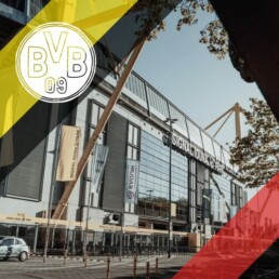 Voyage 2 nuits avec match Borussia Dortmund contre Bayer Leverkusen au Signal Iduna Park, logo Dortmund en haut à gauche, couleurs Bayer Leverkusen en bas à droite.