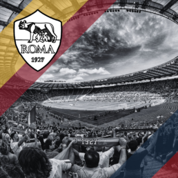 Voyage 2 nuits avec match AS Rome contre Bologne au Stadio Olimpico, logo AS Rome en haut à gauche, couleurs Bologne en bas à droite.