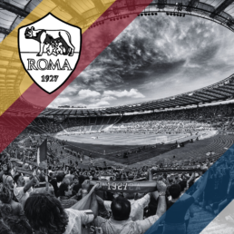 Voyage 2 nuits avec match AS Rome contre Côme au Stadio Olimpico, logo AS Rome en haut à gauche, couleurs Côme en bas à droite.