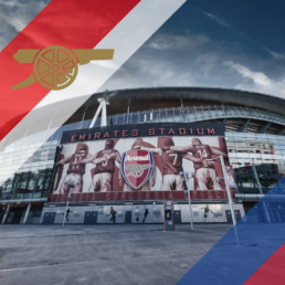 Voyage 2 nuits avec match Arsenal contre Crystal Palace à l'Emirates Stadium, logo Arsenal en haut à gauche, couleurs Crystal Palace en bas à droite.