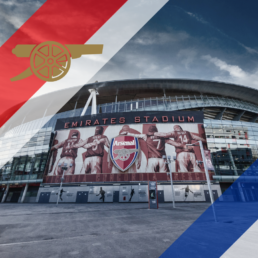 Voyage 2 nuits avec match Arsenal contre Everton à l'Emirates Stadium, logo Arsenal en haut à gauche, couleurs Everton en bas à droite.