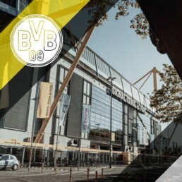 Voyage 2 nuits avec match Borussia Dortmund contre Fribourg au Signal Iduna Park, logo Dortmund en haut à gauche, couleurs Fribourg en bas à droite.