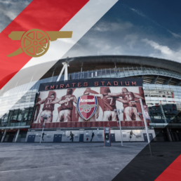 Voyage 2 nuits avec match Arsenal contre Fulham à l'Emirates Stadium, logo Arsenal en haut à gauche, couleurs Fulham en bas à droite.