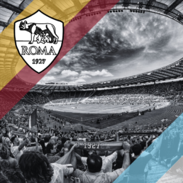 Voyage 2 nuits avec match AS Rome contre Lazio Rome au Stadio Olimpico, logo AS Rome en haut à gauche, couleurs Lazio Rome en bas à droite.