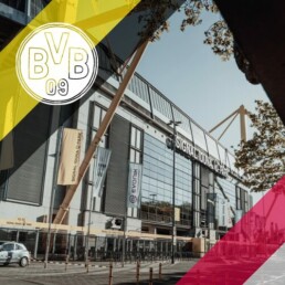 Voyage 2 nuits avec match Borussia Dortmund contre rb leipzig au Signal Iduna Park, logo Dortmund en haut à gauche, couleurs rb leipzig en bas à droite.