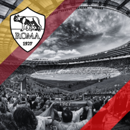 Voyage 2 nuits avec match AS Rome contre Milan AC au Stadio Olimpico, logo AS Rome en haut à gauche, couleurs Milan AC en bas à droite.