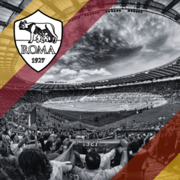 Voyage 2 nuits avec match AS Rome contre Torino au Stadio Olimpico, logo AS Rome en haut à gauche, couleurs Torino en bas à droite.