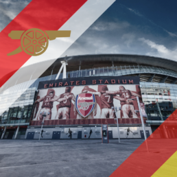 Voyage 2 nuits avec match Arsenal contre Manchester United à l'Emirates Stadium, logo Arsenal en haut à gauche, couleurs Manchester United en bas à droite.