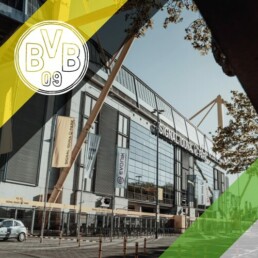 Voyage 2 nuits avec match Borussia Dortmund contre Wolfsburg au Signal Iduna Park, logo Dortmund en haut à gauche, couleurs Wolfsburg en bas à droite.